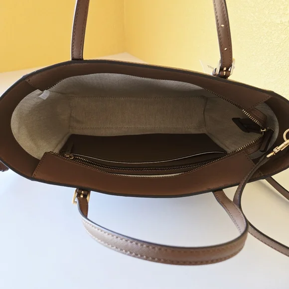 Tory Burch Emerson Top Zip Tote Moose Brown Saffiano Leather Crossbody Bag - Picture 11 of 16